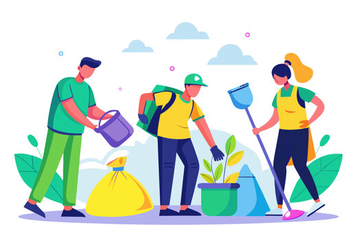 Illustration of three people participating in a community clean-up effort. They are planting a tree, sweeping, and picking up trash, representing teamwork and environmental responsibility. - Powered by Adobe