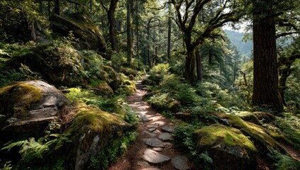 and keyword list based on the image you provided

 Hiking through a stone path within a green forest surrounded by towering trees.