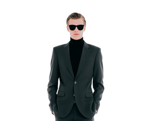 Man suit sunglasses formal fashion stylish confident young modern isolated young man wearing black suit and sunglasses stands confidently with hands pockets exuding modern and stylish vibe