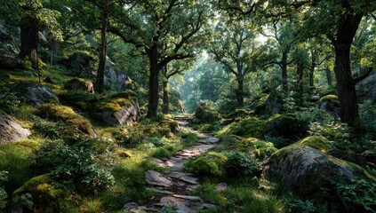 Fototapeta premium and keyword list based on the imageStone Path Meanders Through Lush Green Forest Clearing Under Bright Sunlight.