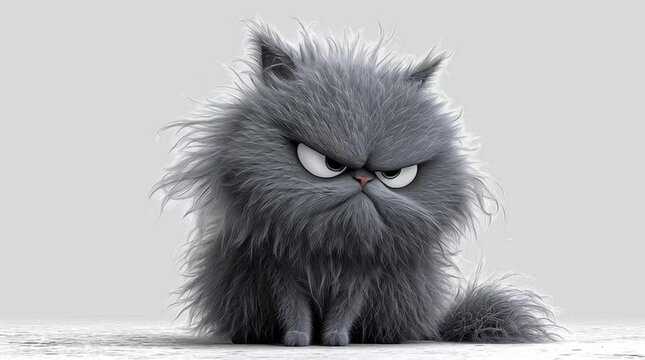 Funny Angry Fluffy Gray Cartoon Cat Looking Directly at Camera Character Generative AI