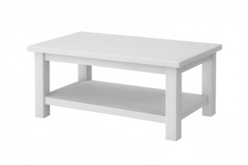 Minimalist white coffee table featuring sleek design with storage shelf, contemporary furnishing element against transparent backdrop