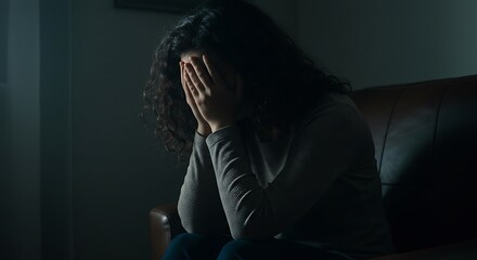 Woman with curly hair sitting in a dark room covering her face with her hands in despair