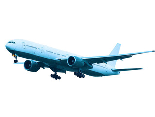 Obraz premium Large commercial airplane white jet flying landing gear extended isolated modern aircraft travel transportation aviation blue sky background