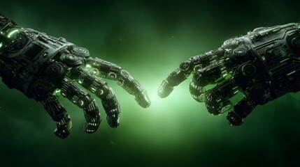 Two intricate metallic robotic hands with glowing green lights reaching to connect in a futuristic gesture.