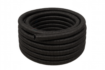 Close-up of flexible corrugated black plastic pipe coiled and isolated on transparent background, ideal for various plumbing and electrical applications