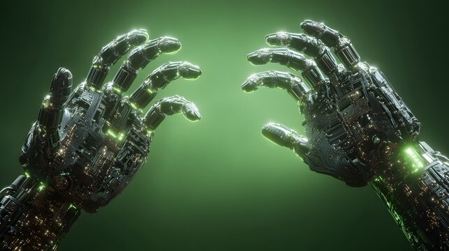 Intricate robotic hands with exposed glowing green circuitry and complex mechanical joints. - Powered by Adobe