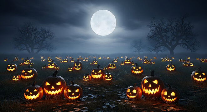 A spooky field of carved jack-o-lanterns illuminated at night with a full moon shining through dark clouds in a haunting halloween landscape.