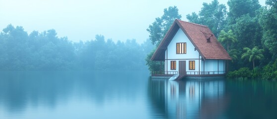 Obraz premium Lakeside house in misty waters surrounded by dense green trees reflecting in water