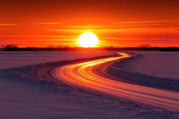 Winter road reflects fiery sunset colors across a snowy landscape, silhouetting trees