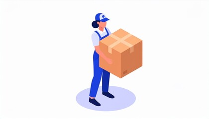 A person in work clothes carries a large cardboard box in an isometric illustration.