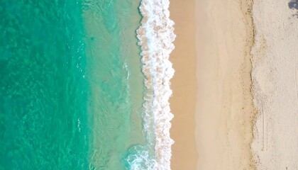 High-angle view of turquoise water meeting a sandy beach, displaying the gentle lapping waves and the contrasting textures.