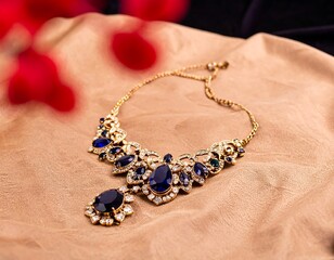 Gold necklace with blue gems on beige fabric