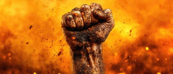 Powerful clenched fist raised amidst a vibrant, fiery orange explosion, showcasing strength