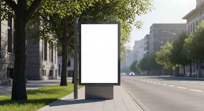 Blank Digital Advertising Billboard on Modern City Sidewalk with Trees and Buildings