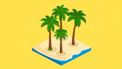 Four palm trees stand on a sandy island, nestled in a vibrant yellow background.