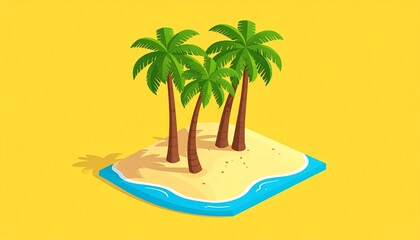 A sunny isometric illustration of a tropical island with palm trees, set against a vibrant yellow backdrop.