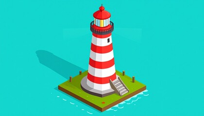 A stylized, isometric illustration of a lighthouse, featuring alternating red and white stripes, sits on a small island, with a tranquil aqua background.