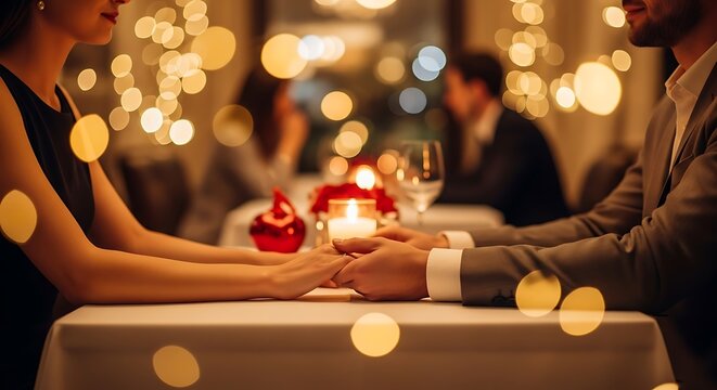 Couple holding hands at dinner table with candle and bokeh lights in restaurant setting - Powered by Adobe