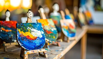 Colorful student artwork displayed on small easels, showcasing vibrant paintings and diverse artistic expressions.