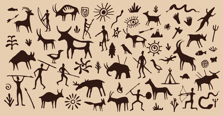 Cave painting, ancient prehistoric drawings of animals and tribal people vector silhouettes. Ancient cave stone wall primitive paintings of cavemen hunters, deer, birds, reptiles and fish, sun, plants