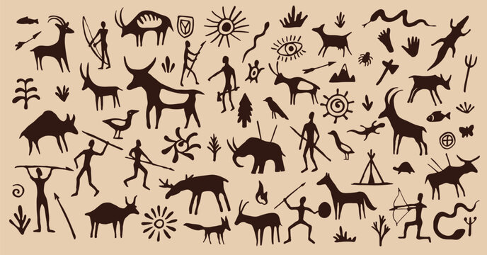 Cave painting, ancient prehistoric drawings of animals and tribal people vector silhouettes. Ancient cave stone wall primitive paintings of cavemen hunters, deer, birds, reptiles and fish, sun, plants