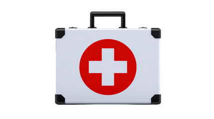 Obraz premium First aid kit medical box emergency healthcare white red cross portable plastic handle First aid kit with red cross symbol white plastic medical box portable emergency healthcare container with
