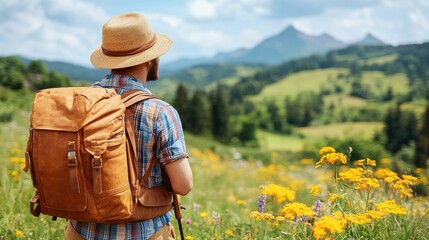 Hiker gazes at mountain range