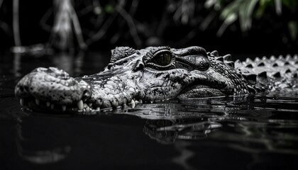 Obraz premium Close-up view of a crocodile's head and upper body, showcasing intricate details of its skin texture and sharp teeth, set against a dark, water-filled environment.