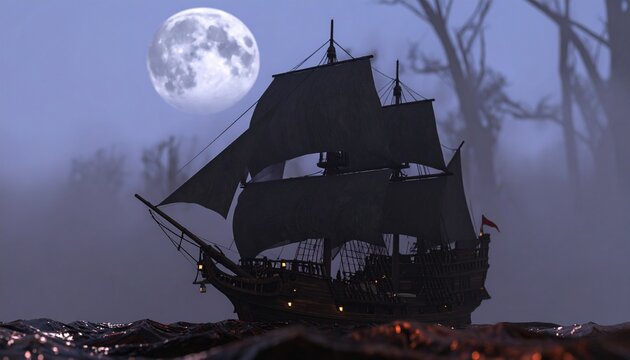 A large, dark ship sails through a misty, moonlit night, silhouetted against a backdrop of bare trees.