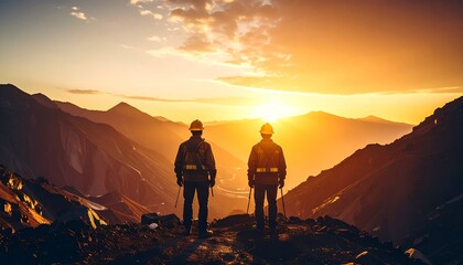 Obraz premium Two workers stand silhouetted against a dramatic mountain sunrise, their backs to the viewer.