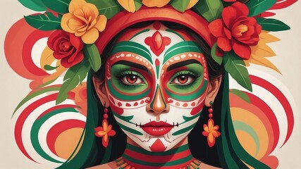 Naklejka premium Abstract Mexican face painting with bold reds and green stripes.