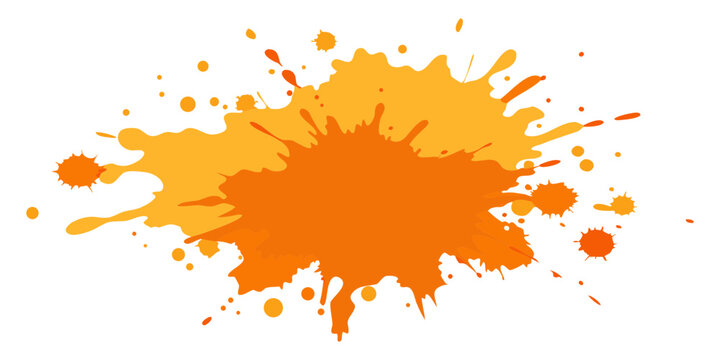 Vibrant orange paint splash illustration with dynamic drips and splatters in two tones. Perfect for themes of creativity, fun, energy, food, autumn, and expressive graphic design impact.