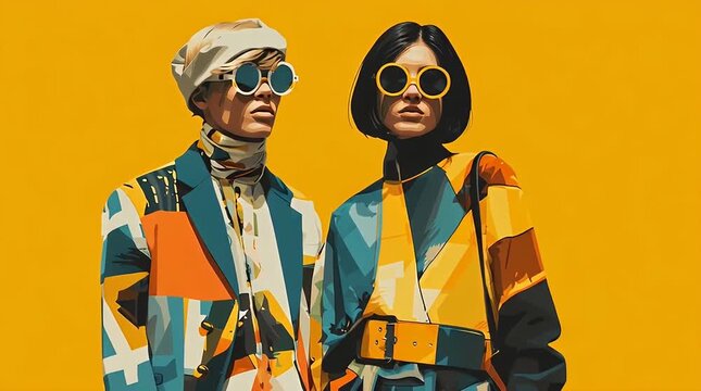 Fashionable Models in Bold Colors Against Vibrant Yellow Background with ai generated