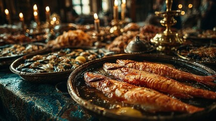 A table laden with food dishes and candles in a dimly lit setting.