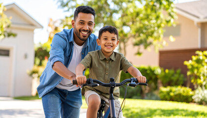 Father son learning bicycle riding outdoor smiling happy family activity suburban neighborhood sunny day green trees