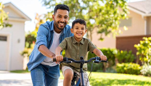 Father son learning bicycle riding outdoor smiling happy family activity suburban neighborhood sunny day green trees