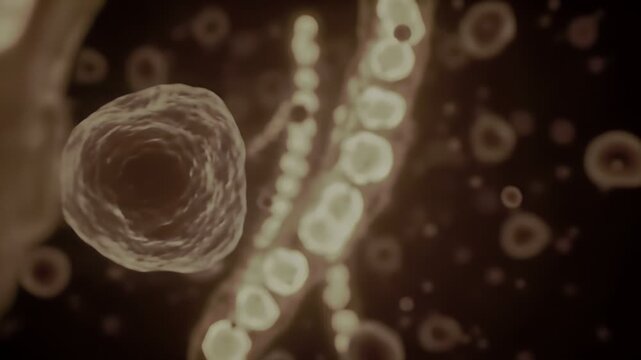 Microscopic view showcases large, whitish spheres contained within interconnected, brown structures against a dark background, suggesting biological or cellular compositions.