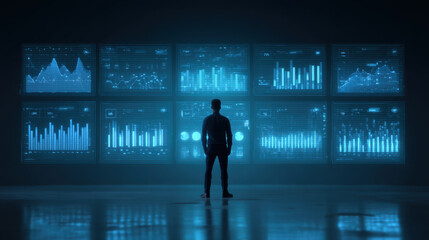 Person stands in front of multiple digital screens displaying various data visualizations and analytics. blue tones create futuristic atmosphere, emphasizing technology and data analysis