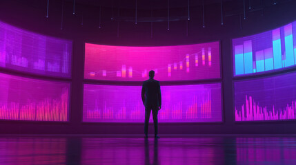 Person stands modern room, gazing vibrant digital screens displaying colorful financial graphs and data visualizations. atmosphere is dynamic and futuristic, evoking sense of innovation