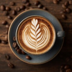 Top down view of cappuccino with latte art surrounded by roasted beans on dark background representing cozy caf&eacute; lifestyle morning energy relaxation and coffee culture
