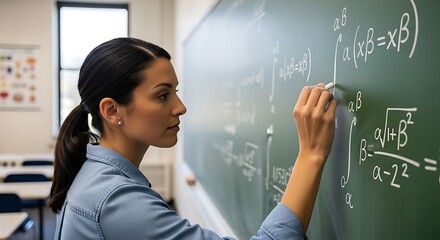 Woman writing math equations on a chalkboard in a classroom with natural light source