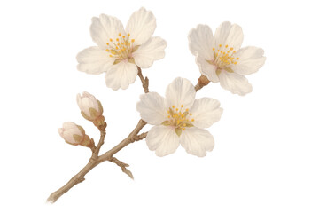 Obraz premium Almond branch with delicate white flowers and buds blooming, isolated on transparent background, perfect for spring designs