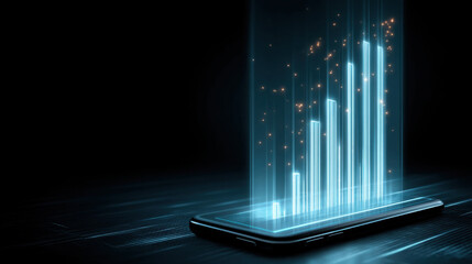 Smartphone displays glowing data visualizations, representing growth and analytics. futuristic design emphasizes technology and innovation, creating sense of excitement and potential