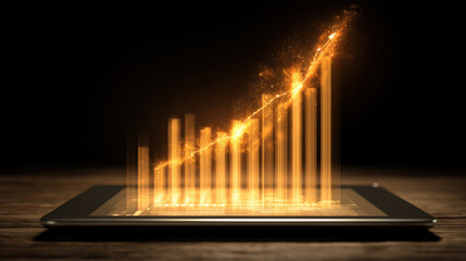 Digital tablet displaying glowing golden bar graph, symbolizing growth and success. vibrant colors and dynamic lines create energetic atmosphere, representing financial progress and innovation