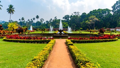 Fototapeta premium A meticulously landscaped garden with fountains and colorful flowerbeds, showcasing a serene and vibrant outdoor space.