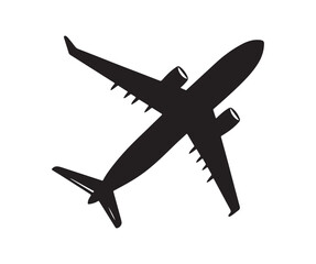 Stylized aircraft vector art, top-down view of jet plane with crisp wingspan and engines, monochrome