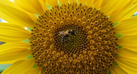 Obraz premium A bee collects pollen from a vibrant, yellow sunflower, showcasing nature's intricate beauty and the vital process of pollination.
