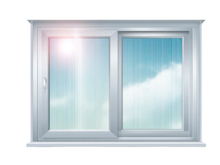 Obraz premium Sliding window with clear glass and silver aluminum frame, sunlight reflecting on surface, blue sky and white cloud visible outside, modern and clean design