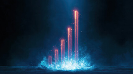 Vibrant digital representation of rising bars symbolizing growth and progress, surrounded by mystical blue glow. This conveys sense of innovation and potential